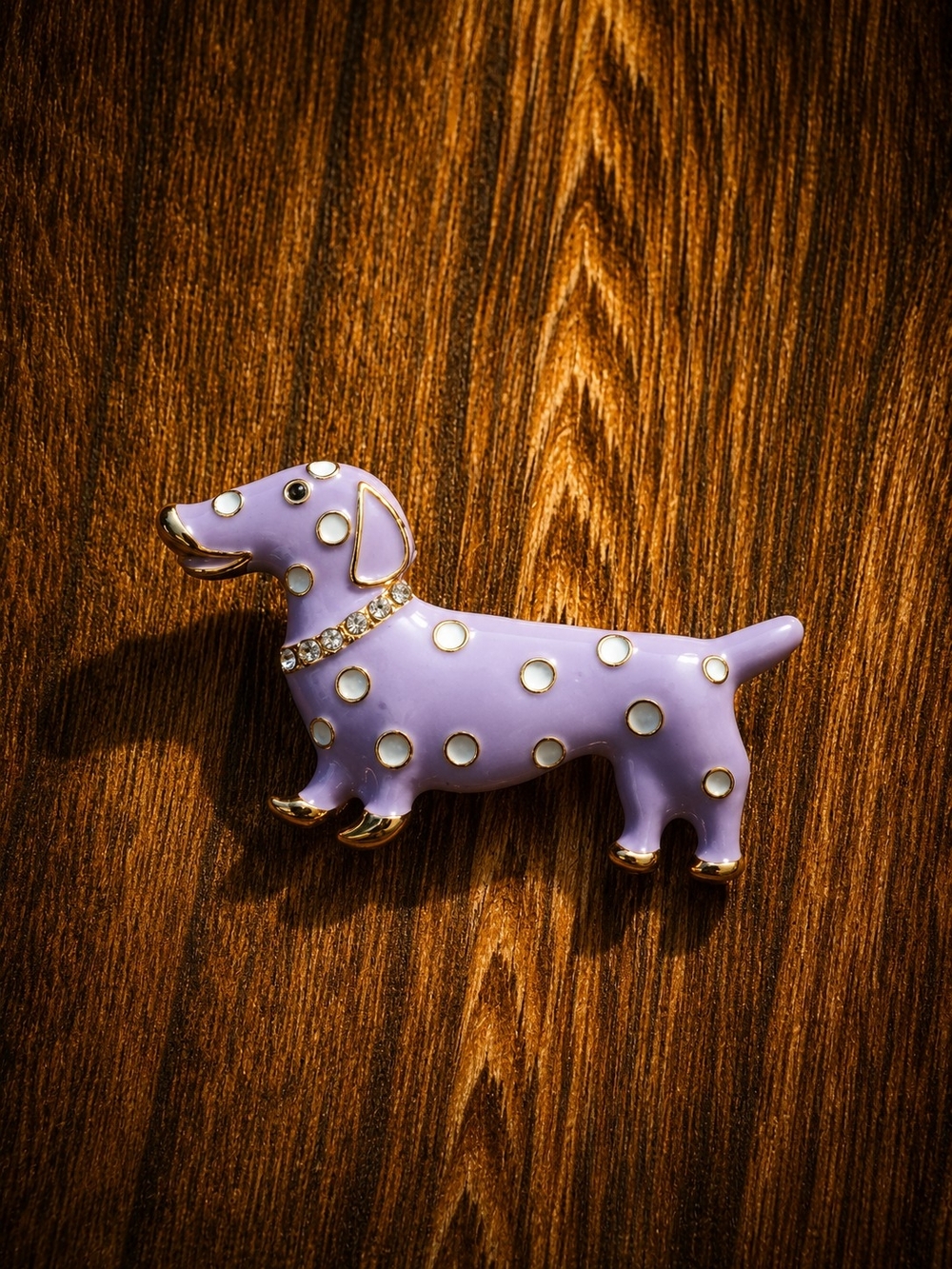 Mint Lavender Dachshund Polka Dot Brooch with Gold Trim